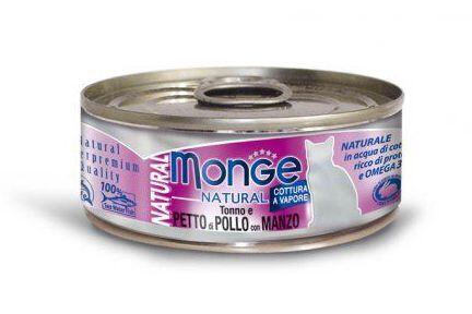 MONGE NATURAL tuňák s kuřecími prsy a hovězím pro kočky 80 g
